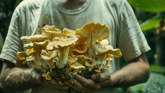 A person with a dirt-covered shirt holds up multiple yellow and brown mushrooms to inspect them closely. The backdrop is blurred but suggests a natural environment like woods or jungle.