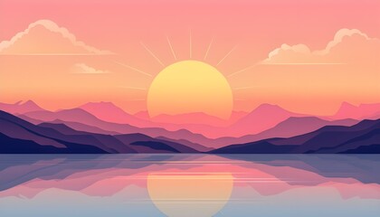 Obraz premium Layered paper-cut sunset landscape with mountains, pastel gradient colors, flat vector style.