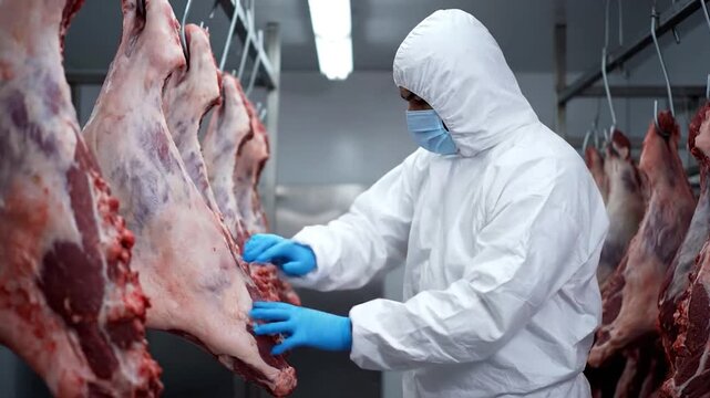 Person in protective gear inspecting raw meat hanging in a refrigerated industrial facility