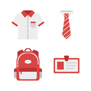 School uniform items including shirt tie backpack and id card for back to school concept.