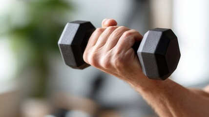 Man's hand gripping black dumbbell, training arm muscles, symbolizing strength, fitness, active lifestyle