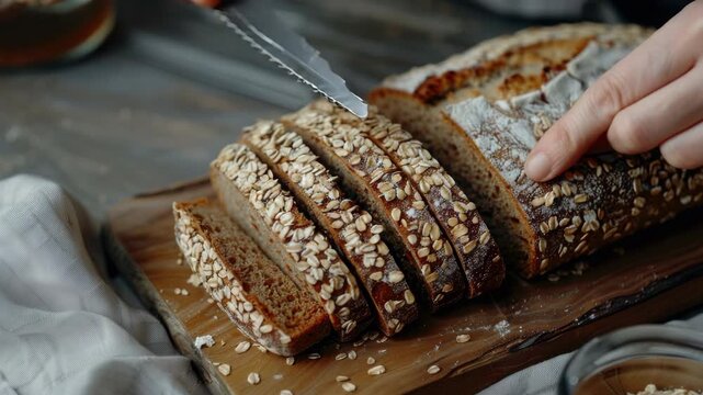 Person is preparing homemade loaf of bread with nuts and seeds for a meal.