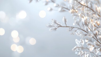 Naklejka premium Delicate branches covered in white frost and shimmering glitter, forming a winter decoration clean holiday