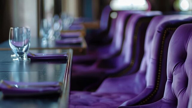 A row of purple leather bar stools lined up against a dark wooden table in a restaurant or bar setting.