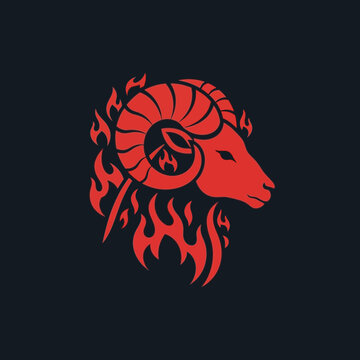 Red Ram Head with Flames Illustration.