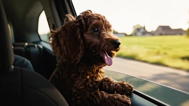 Happy cockapoo puppy enjoying a car ride with the window down on a sunny day with beautiful landscape views