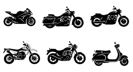 Naklejka premium Collection of six different types of motorcycles and scooters.