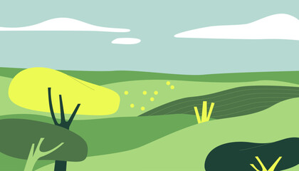 Fototapeta premium Fields panorama flat vector illustration. Beautiful countryside scenery, picturesque rural landscape, scenic view. Trees on glade, green hills under cloudy sky. Natural environment, vivid nature. 