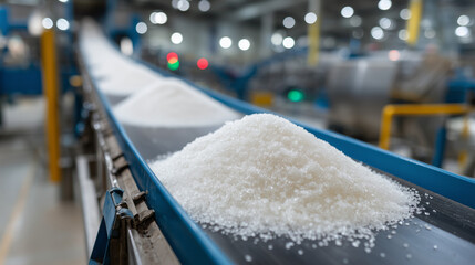 Naklejka premium Industrial Sugar Production: Conveyor belts transport mountains of processed granulated sugar in a factory setting, highlighting the efficiency and scale of the sweet treat manufacturing process.