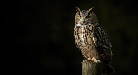 EAGLE-OWL perched on a wooden post, dark background