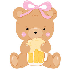 Cute Teddy Bear with Pink Bow Holding a Foamy Mug of Beer, St. Patrick's Day Celebration Cartoon