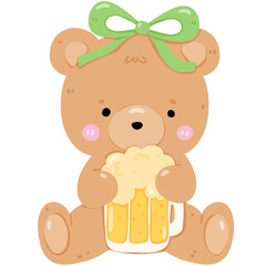 Obraz premium Cute Teddy Bear with Pink Bow Holding a Foamy Mug of Beer, St. Patrick's Day Celebration Cartoon