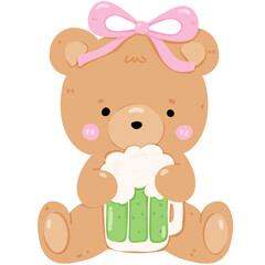 Fototapeta premium Cute Teddy Bear with Pink Bow Holding a Foamy Mug of Beer, St. Patrick's Day Celebration Cartoon