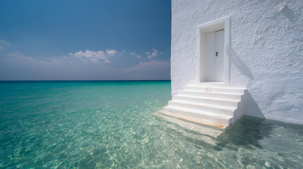 White door and steps leading into the sea in a dreamy resort landscape