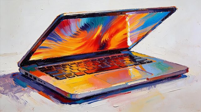 Open laptop with colorful swirling vortex screen and oil painted texture