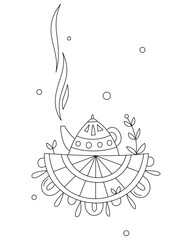 A teapot with steam on a tablecloth