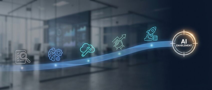 AI enablement, artificial intelligence, digital transformation, business strategy, innovation, technology, machine learning concept illustrating a path to corporate success and growth.
