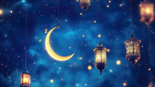 A blue sky with a crescent moon and stars. There are several lanterns hanging from the ceiling