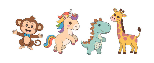 Fototapeta premium Cute cartoon animals unicorn dinosaur giraffe monkey collection on transparent background