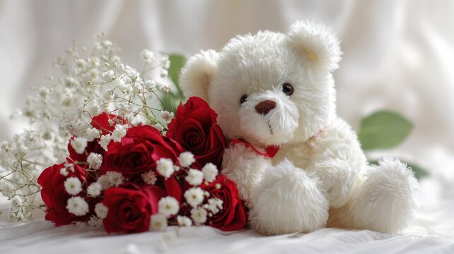 A white teddy bear with red roses and baby's breath on a white background.