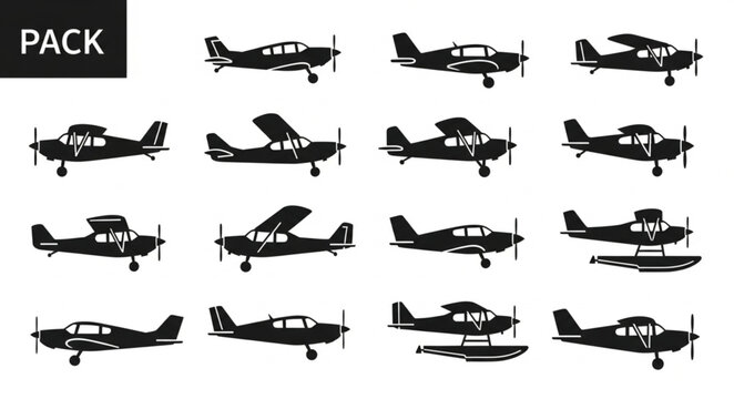Collection of small airplane silhouettes for aviation design.