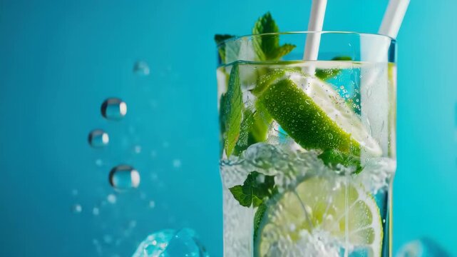 A refreshing mojito cocktail garnished with mint and lime slices, in a transparent glass on an ice bucket.