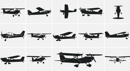Collection of small airplane silhouettes in various poses. © Akilo