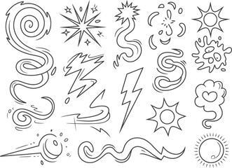 Hand drawn black and white comic book action effects and movement lines are isolated on a white background for design.