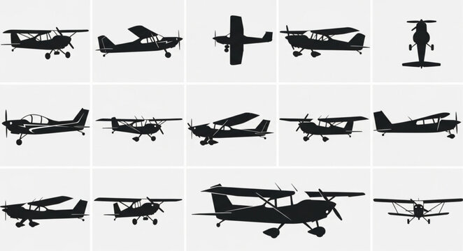 Collection of small airplane silhouettes in various poses.