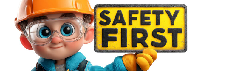 Cartoon Worker Wearing Safety Glasses, Safety Helmet, Work Gloves, Holding a Black and Yellow Sign with the Black Text "SAFETY FIRST". Isolated on White or Transparent Background. Png. Generative Ai.