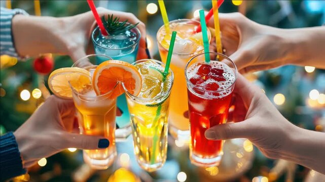 A cheerful scene at a party where people are celebrating with vibrant cocktails and fresh fruit in the background.