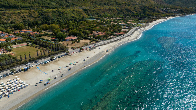 Aerial view of Zambrone Beach, located near Tropea, in province of Vibo Valentia, Calabria, southern Italy. This beautiful coastline overlooking the Tyrrhenian Sea is known as the Coast of the Gods.