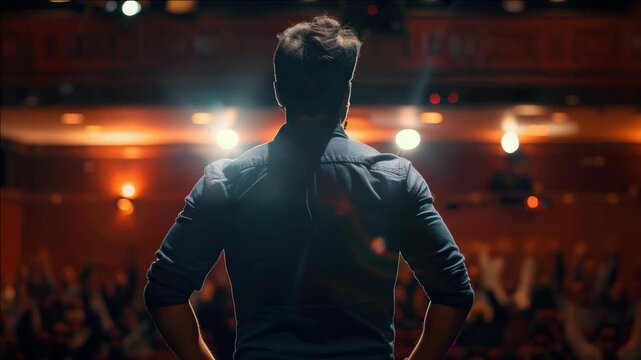 A man standing alone on stage under a spotlight, with an audience in the background.