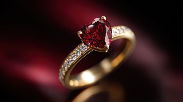 A gold ring with a heart-shaped ruby and diamonds on a dark red background.