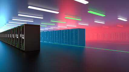 Servers. Servers room data center. Backup, mining, hosting, mainframe, farm and computer rack with storage information. 3D rendering. 3D Illustration