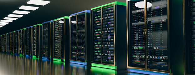 Servers. Servers room data center. Backup, mining, hosting, mainframe, farm and computer rack with storage information. 3D rendering. 3D Illustration