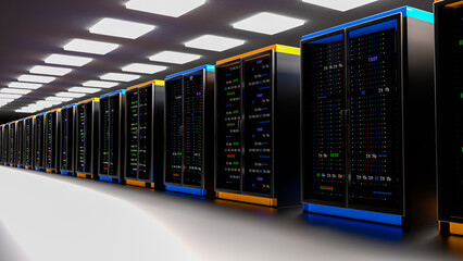 Servers. Servers room data center. Backup, mining, hosting, mainframe, farm and computer rack with storage information. 3D rendering. 3D Illustration