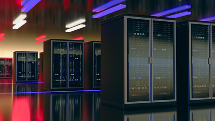 Servers. Servers room data center. Backup, mining, hosting, mainframe, farm and computer rack with storage information. 3D rendering. 3D Illustration