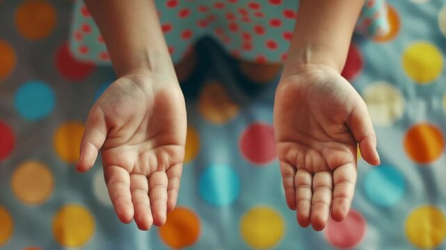 An adult person's hands positioned together in a gesture of supplication or gratitude against a vibrant pattern backdrop.