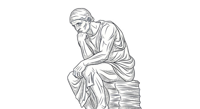 Classical Statue of a Pensive Man Deep in Thought, White Background