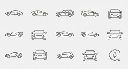 Collection of sports car line art icons and symbols.