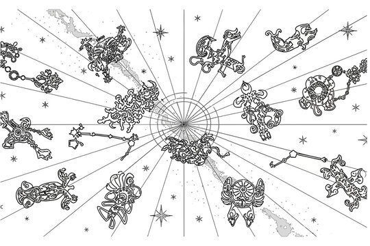 An ancient star map with constellations and celestial bodies illustrated