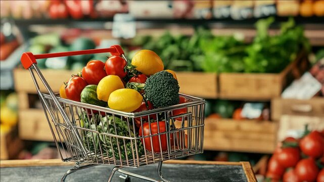 A shopping cart full of vegetables including broccoli, tomatoes, and oranges. The cart is on a counter in a store
