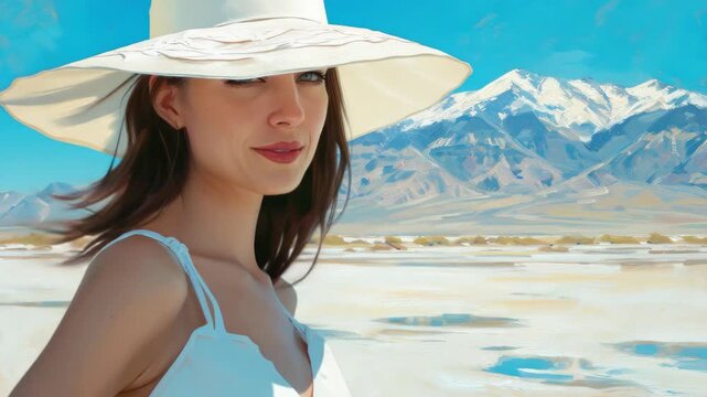 A beautiful woman standing in front of a mountain range.