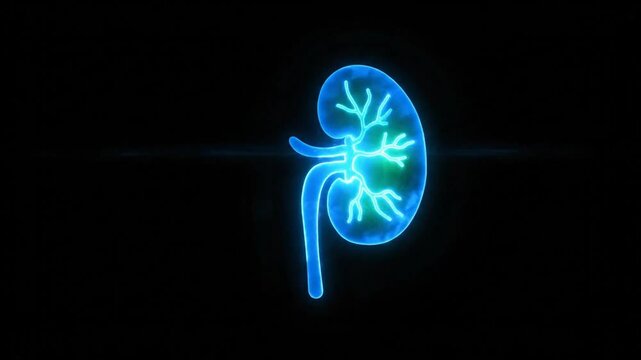 Glowing Neon Kidney Anatomy Animation on a Black Background with Internal Vessels Illuminated