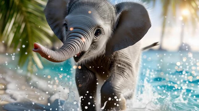 Cute baby elephant running through shallow tropical sea water, splashing droplets, with sandy beach and palm trees in the background; concept of joy, vacation and summer travel.	