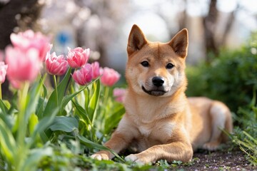 Fototapeta premium Shiba Inu Relaxing Among Blooming Tulips in Spring