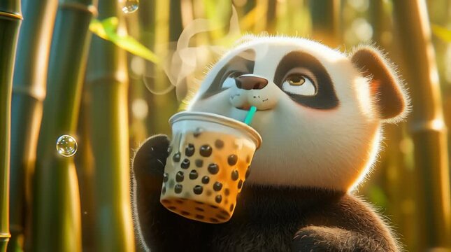 Panda holding a glass of bubble tea boba and drinking through a straw in a bamboo forest background. Funny cartoon character.	