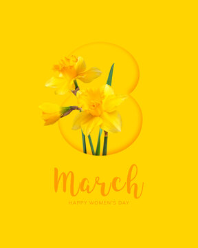 International Women's Day. Paper number eight and bouquet of yellow spring daffodils on yellow background. Festive floral card for March 8th