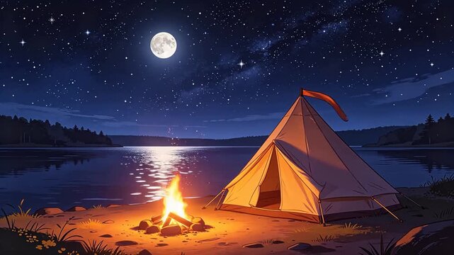 Night camping tent by calm lake with starry sky and bonfire